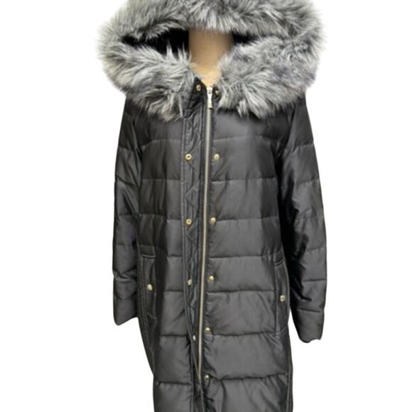 "KATE SPADE" Womens Gray Long Puffer Coat SZ L Removable Faux Fur On Hood Winter - Picture 2 of 16